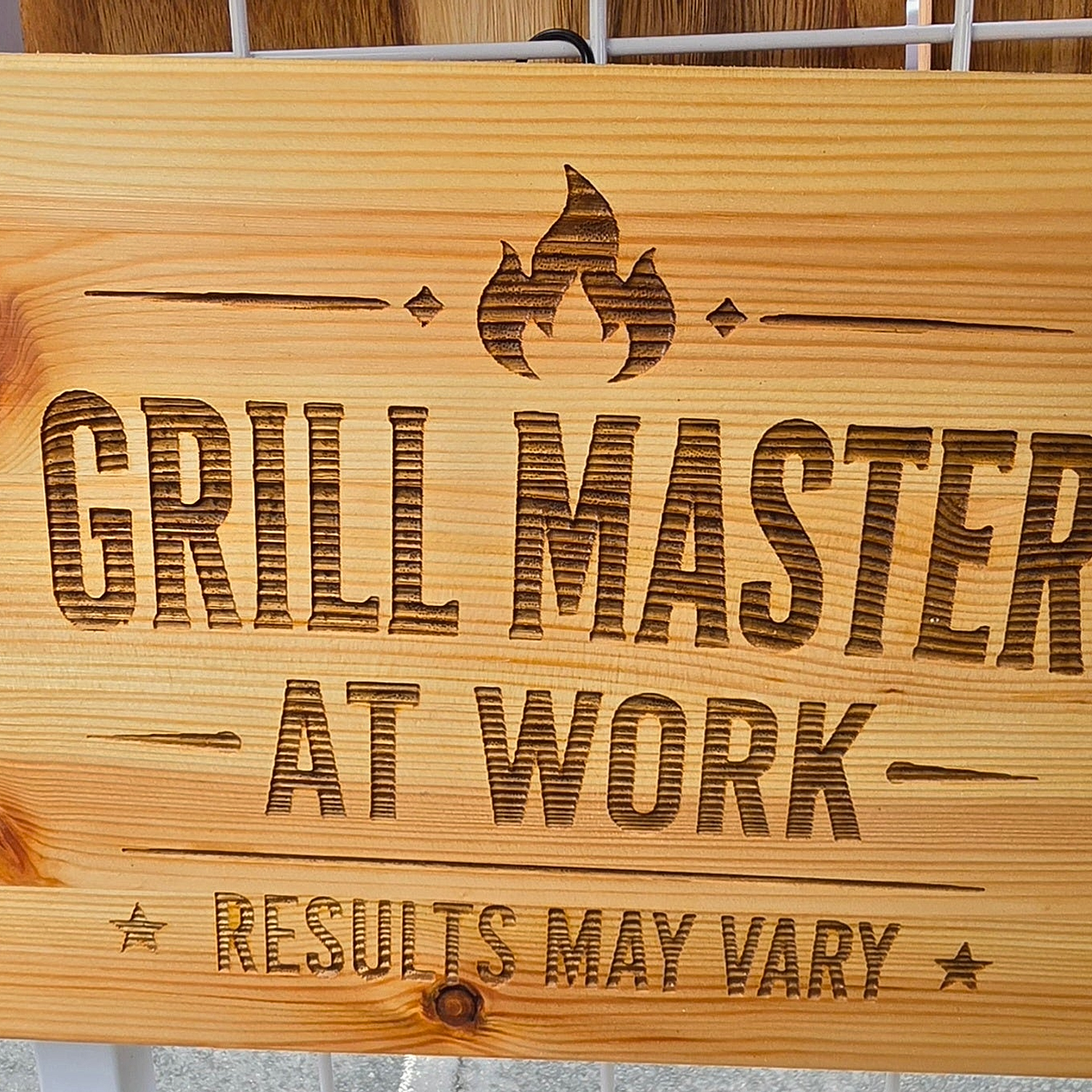 Grill Master At Work — Laser Engraved Wooden Sign - engraving close-up