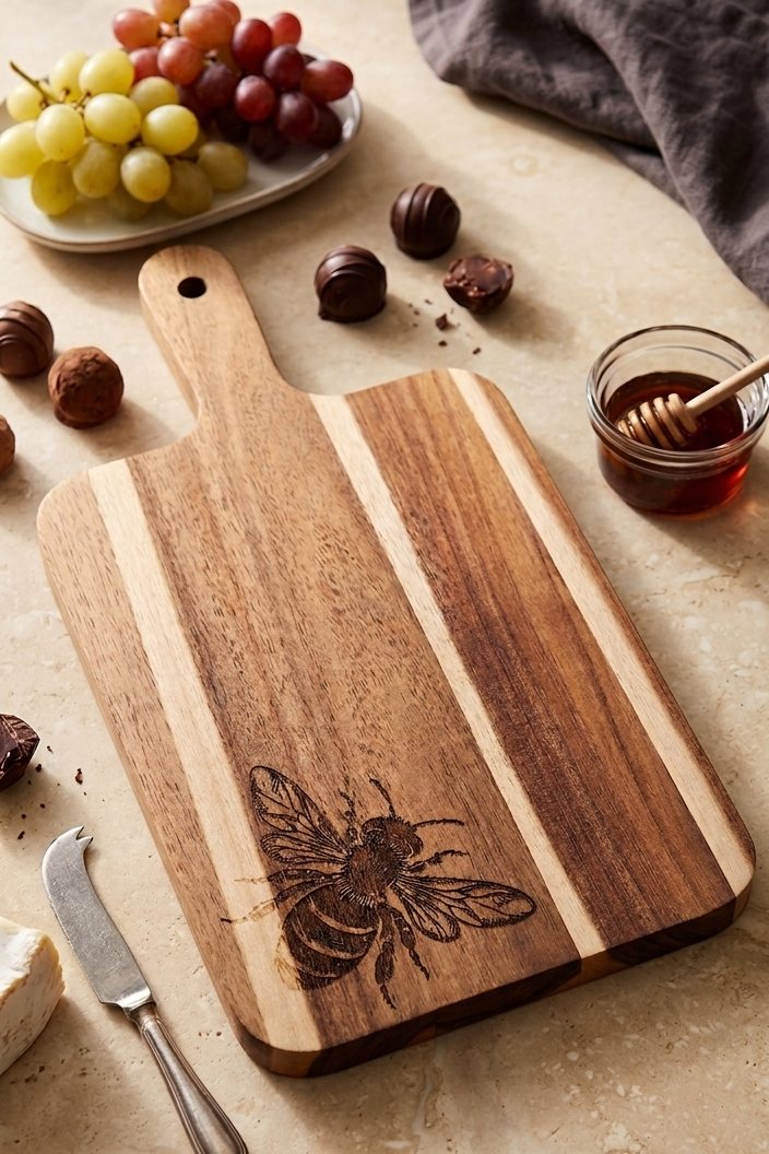 Wooden cutting board with bee design on a table with fruits and honey.