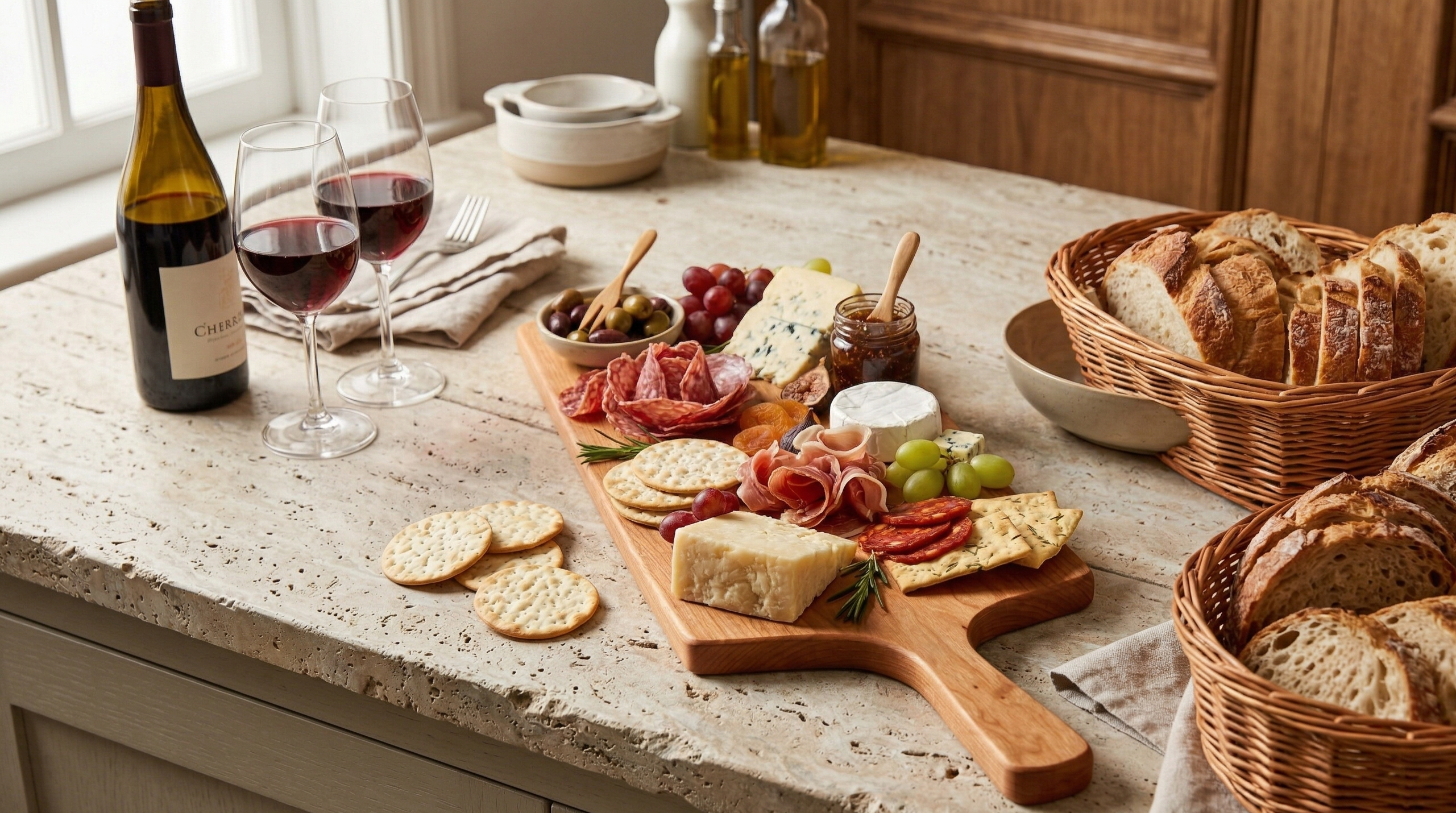 Table with charcuterie board, bread, wine, and glasses in a kitchen setting