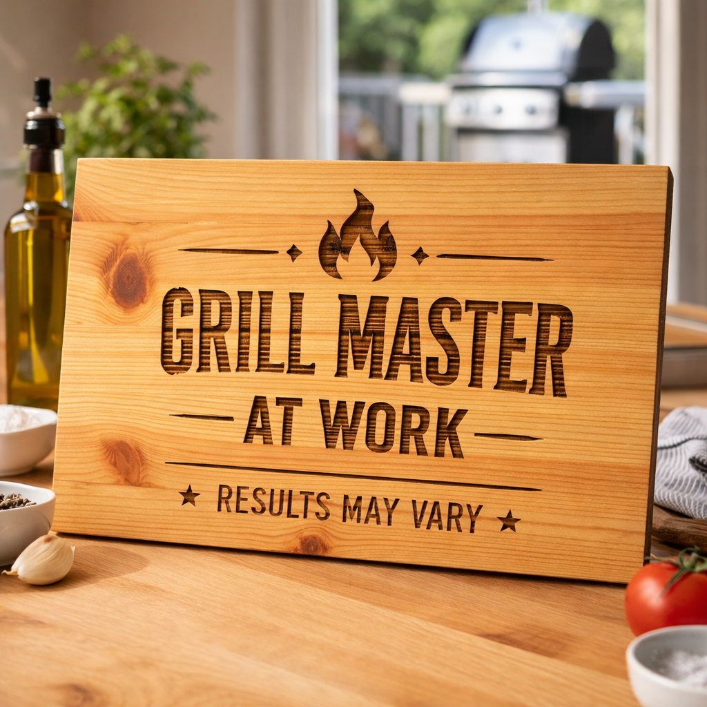 Grill Master At Work — Laser Engraved Wooden Sign - lifestyle product photo