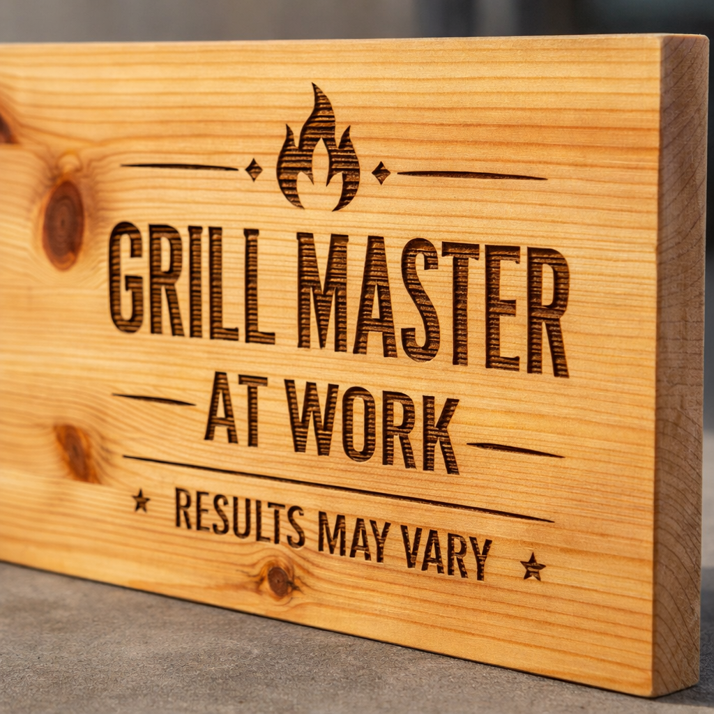 Grill Master At Work — Laser Engraved Wooden Sign - wood grain and detail angle