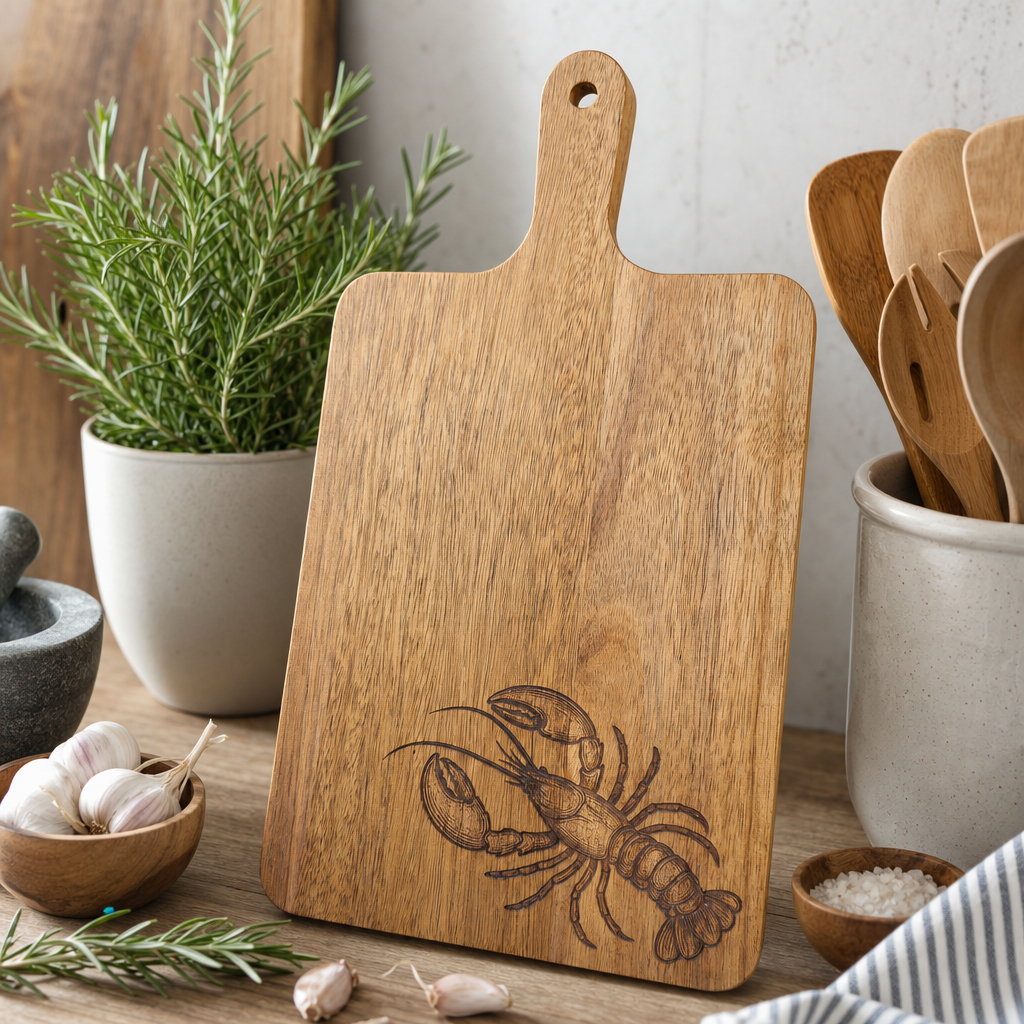 Lobster Acacia Cutting Board - lifestyle product photo
