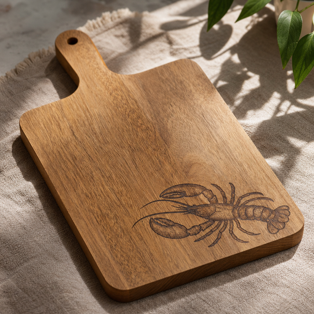 Lobster Acacia Cutting Board - wood grain and detail angle