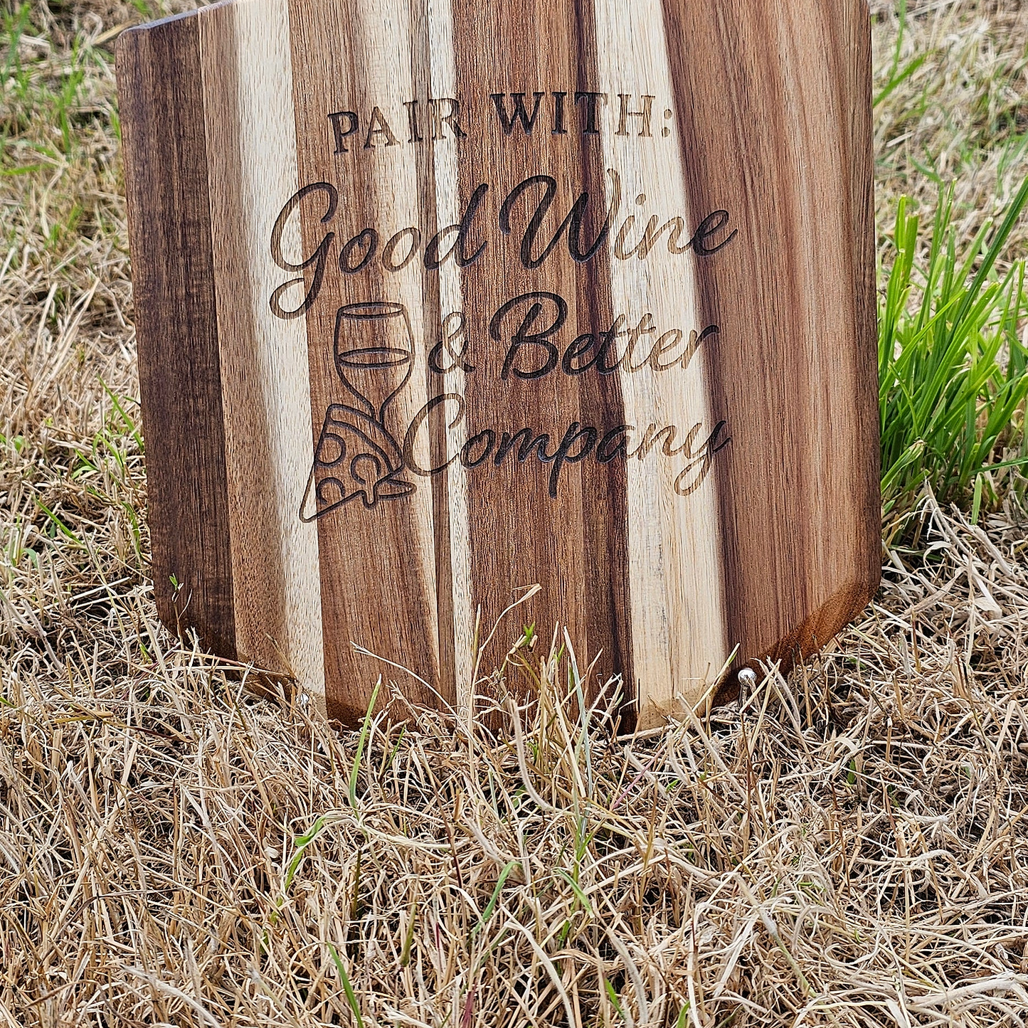 Pair With: Good Wine and Friends Pizza Paddle - engraving close-up