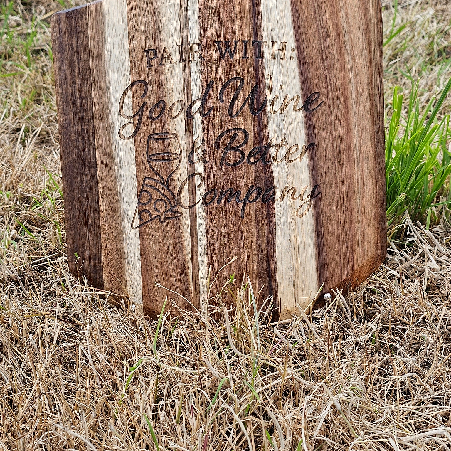 Pair With: Good Wine and Friends Pizza Paddle - engraving close-up