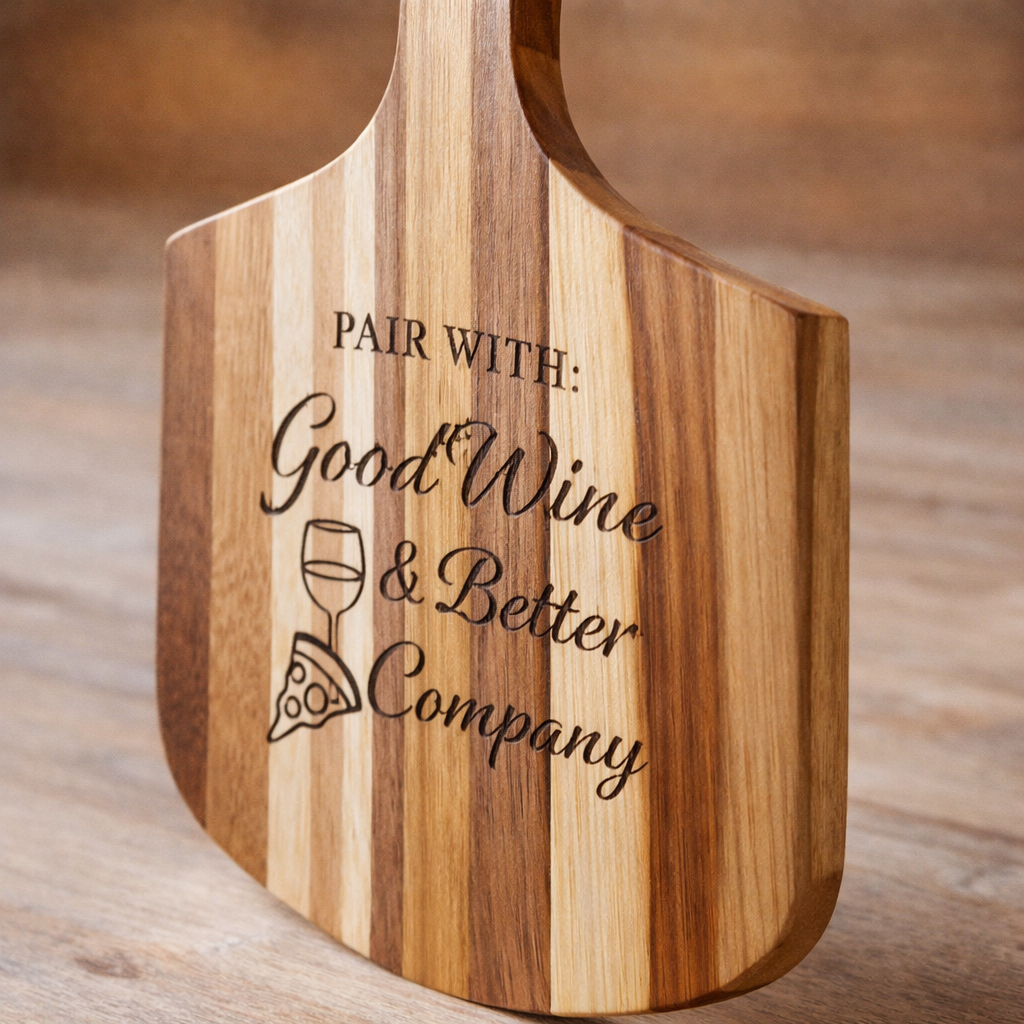 Pair With: Good Wine and Friends Pizza Paddle - wood grain and detail angle