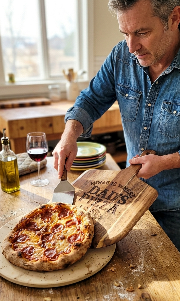 Man cutting a pizza on a wooden cutting board with 'Dad's Pizza' engraving in a kitchen.