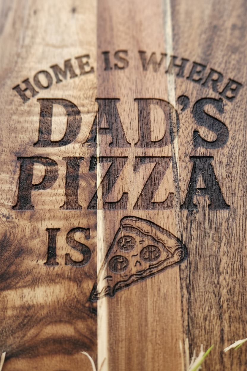 Close up 'Home is where Dad's pizza is' text and a pizza slice emblem.