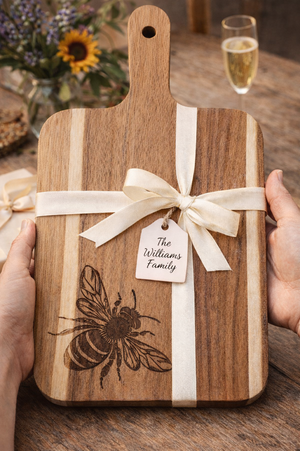 Wooden cutting board with bee design and 'The Williams Family' tag, held by hands on a wooden surface.