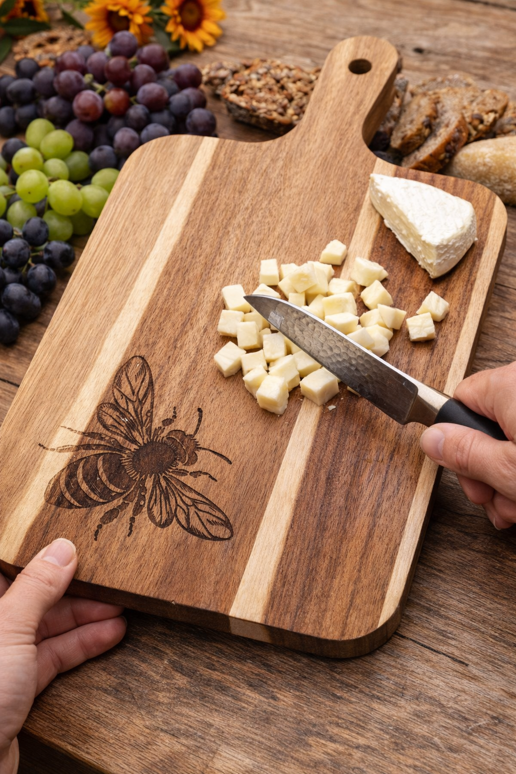 Wooden cutting board with cheese and a knife, featuring an engraved bee design, on a wooden table with fruits and bread.