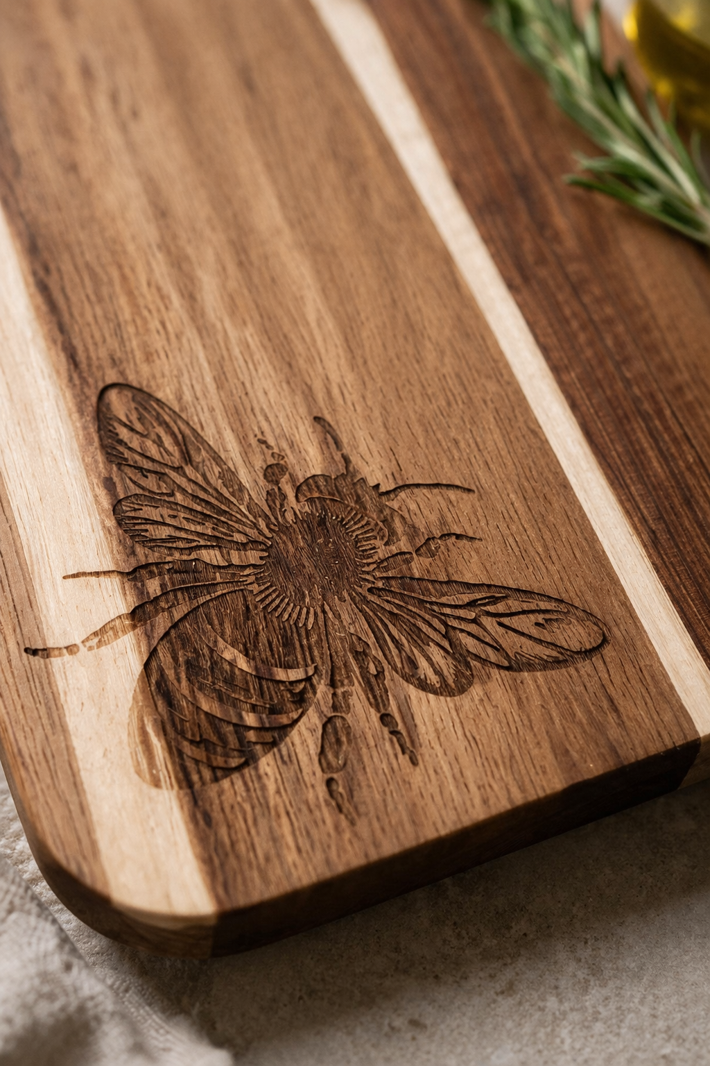 Wooden cutting board with engraved bee design on a wooden surface.