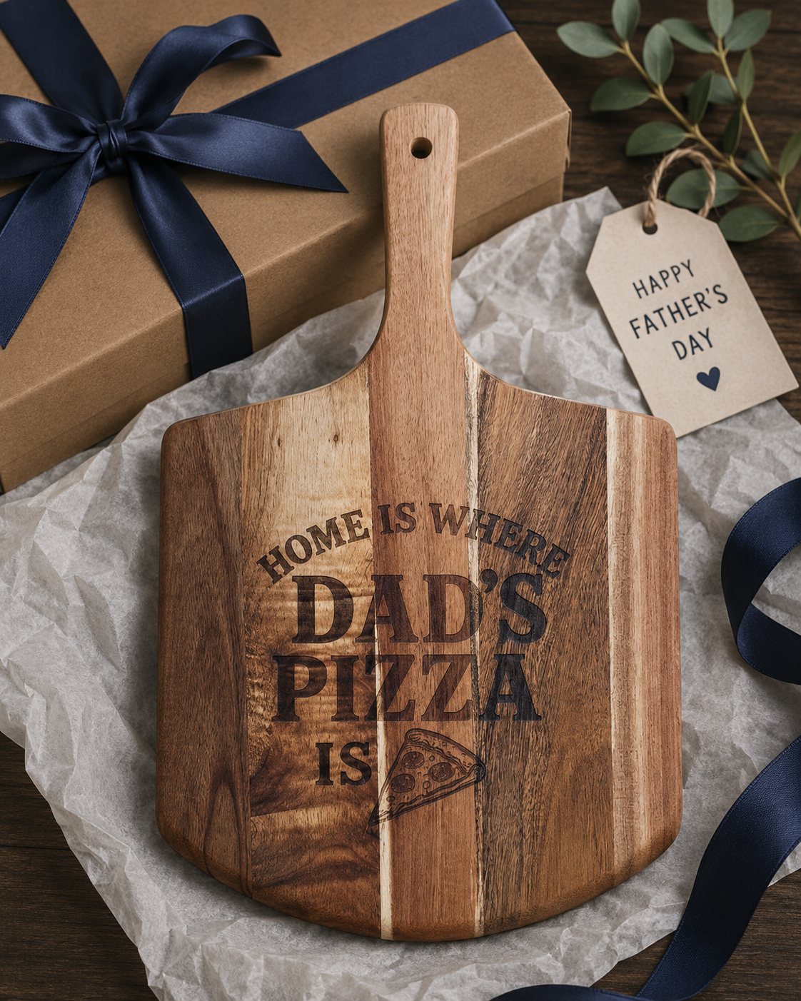 Wooden pizza peel with 'Home is where Dad's pizza is' text, gift box with blue ribbon, and 'Happy Father's Day' tag.